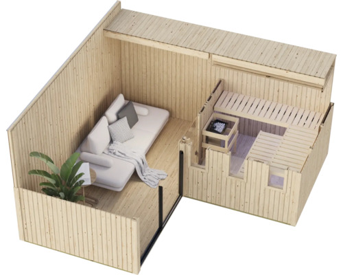Draufsicht einer hölzernen Gartensauna mit integriertem Ruhebereich, Sofa, Beistelltisch und Zimmerpflanze.
