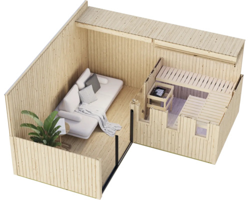 Gartensauna aus Holz mit integriertem Ruhebereich inklusive Sofa und Pflanze in einer Draufsicht.