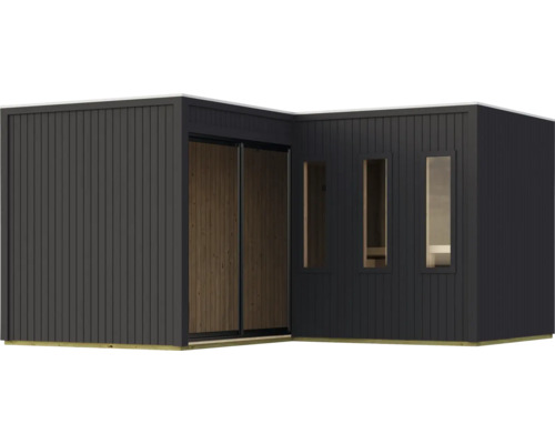 Modernes Gartenhaus mit Flachdach und senkrechter Wandverkleidung sowie Schiebetür und Fensterfronten.