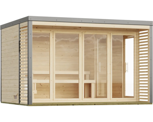 Moderne Gartensauna aus Holz mit großen Glaselementen und Flachdach für den Außenbereich.
