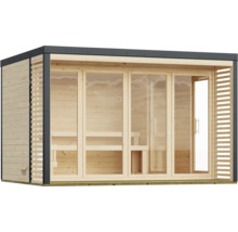Moderne Gartensauna aus Holz mit großer Glasfront und Flachdach für den Außenbereich