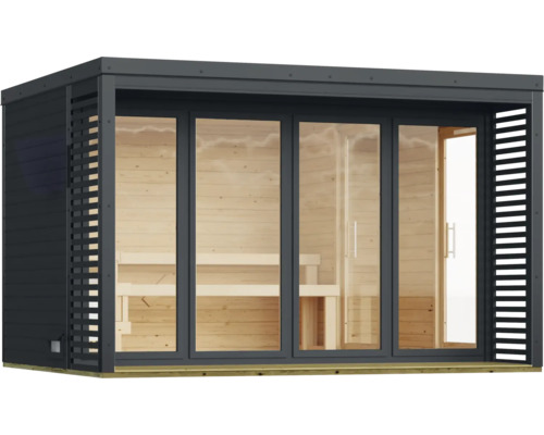 Moderne Gartensauna mit Glasfront und Holzverkleidung für den Außenbereich.