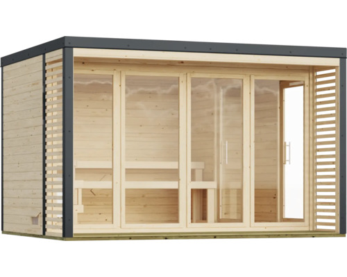 Moderne Gartensauna aus Holz mit grosser Glasfront und Flachdach für den Aussenbereich.