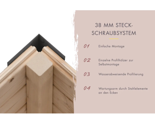 Holzeckverbindung mit 38 Millimeter Steckschraubsystem für Gartenhäuser inklusive Montagevorteilen.