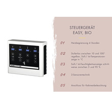 Saunasteuergerät Easy Bio mit digitalem Display zur Regelung von Temperatur und Feuchtigkeit sowie Anschluss für Kabinenbeleuchtung.