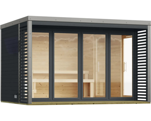 Moderne Gartensauna mit Glasfront und Holzverkleidung im Innenbereich.