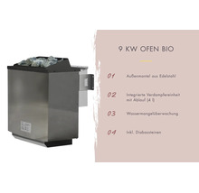 Bio Saunaofen mit 9 Kilowatt Leistung, Edelstahl Außenmantel, integrierter Verdampfereinheit, Wassermangelüberwachung und Diabassteinen.