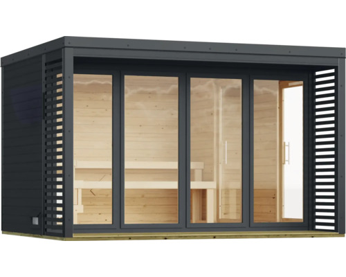 Moderne Gartensauna mit Glasfront und Holzverkleidung im Innenraum
