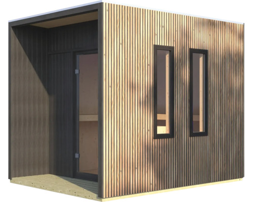 Moderne Gartensauna aus Holz mit vertikaler Lamellenfassade und zwei schmalen Fenstern sowie einer Glaseingangstür auf einem Holzpodest.