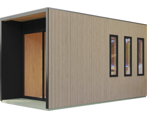 Modernes Gartenhaus mit vertikaler Holzfassade, drei schmalen Fenstern und einer Schiebetür, architektonisches Design aus Holz und Metall.