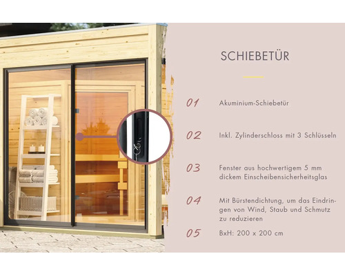Aluminium Schiebetür für Gartenhäuser mit Einscheibensicherheitsglas und Zylinderschloss, Maße 200 mal 200 Zentimeter, mit Bürstendichtung.