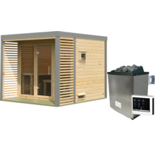 Gartensauna aus Holz mit Lamellenverkleidung und Glasfront sowie dazu passender Saunaofen mit Steinen und Steuereinheit.