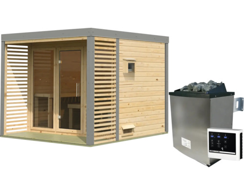 Gartensauna aus Holz mit Lamellenverkleidung und Glasfront sowie dazu passender Saunaofen mit Steinen und Steuereinheit.