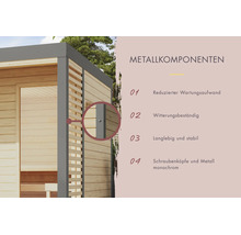 Detailansicht der Metallkomponenten eines Gartenhauses mit Informationen zu Wartung, Witterungsbeständigkeit und Stabilität.