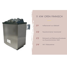 Finnischer Saunaofen mit 11 Kilowatt Leistung, Edelstahl Außenmantel und inklusive Diabassteinen.