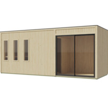 Moderne Gartenlounge aus Holz mit Schiebetür und drei schmalen Fenstern für den Außenbereich