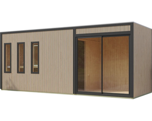 Modernes Gartenhaus aus Holz mit senkrechter Lamellenfassade, drei schmalen Fenstern und einer großen Schiebetürfront.