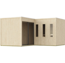 Modernes Gartenhaus aus Holz mit Flachdach, Schiebetür und drei vertikalen Fenstern als kompakte Winkelkonstruktion.