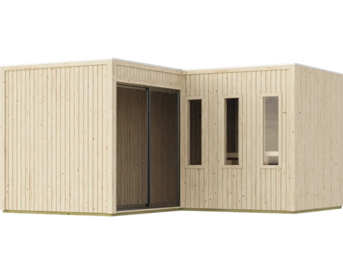 Modernes Gartenhaus aus Holz mit Flachdach, Schiebetür und drei vertikalen Fenstern als kompakte Winkelkonstruktion.