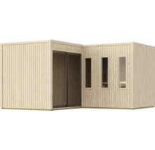 Modernes Holzgartenhaus in L-Form mit Flachdach, Schiebetür und drei vertikalen Fenstern als Lichtquelle.