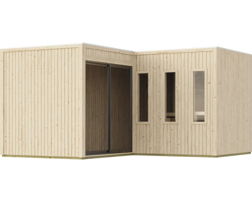 Modernes Holzgartenhaus in L-Form mit Flachdach, Schiebetür und drei vertikalen Fenstern als Lichtquelle.