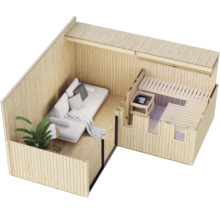 Holzsaunahaus mit integriertem Wohnbereich, ausgestattet mit einer Couch und einer Sauna mit Ofen und Holzliegen, Draufsicht.