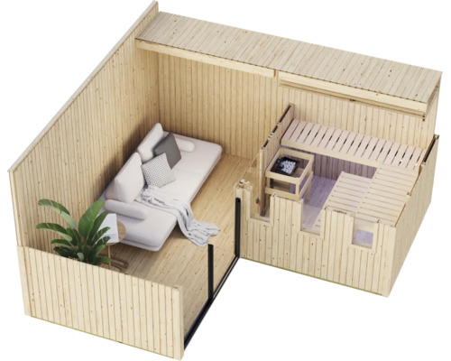 Holzsaunahaus mit integriertem Wohnbereich, ausgestattet mit einer Couch und einer Sauna mit Ofen und Holzliegen, Draufsicht.