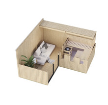 Gartenhaus mit integrierter Sauna und überdachtem Lounge Bereich mit Sofa und Pflanze in der Draufsicht.