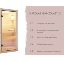 Sauna Ganzglastür mit Massivholzrahmen und acht Millimeter Einscheibensicherheitsglas inklusive Magnetverschluss und justierbaren Türbeschlägen.