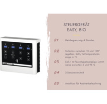 Saunasteuergerät Easy Bio mit digitalem Display zur Regelung von Temperatur und Feuchtigkeit sowie Anschluss für Saunabeleuchtung.