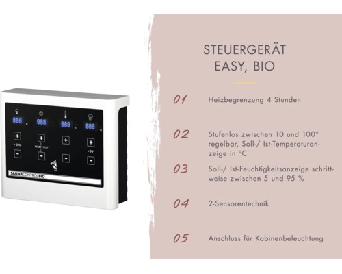 Saunasteuergerät Easy Bio mit digitalem Display zur Regelung von Temperatur und Feuchtigkeit sowie Anschluss für Saunabeleuchtung.