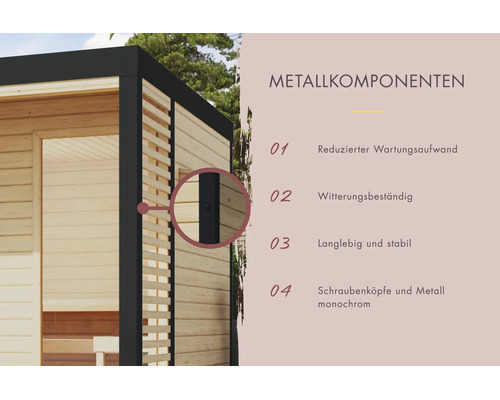 Detailansicht der Metallkomponenten eines Gartenhauses mit Informationen zu Wartung, Witterungsbeständigkeit, Stabilität und Design.