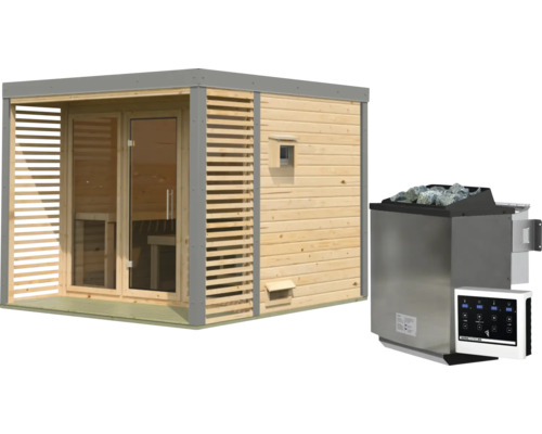 Moderne Gartensauna aus Holz mit Glasfront und Saunahofen mit digitaler Steuerung