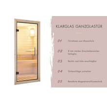 Saunatür aus Klarglas mit Massivholzrahmen, 8 Millimeter Einscheibensicherheitsglas, rechts oder links anschlagbar mit Magnetverschluss.