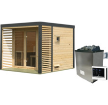 Moderne Gartensauna aus Holz mit Lamellenwand, Glaseingang und passendem Saunaofen mit Steinen und digitalem Steuergerät.
