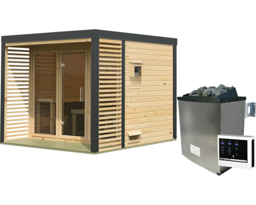 Moderne Gartensauna aus Holz mit Lamellenwand, Glaseingang und passendem Saunaofen mit Steinen und digitalem Steuergerät.