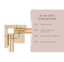 Grafik zur Erläuterung des 38 Millimeter Steckschraubsystems für Gartenhäuser mit Hinweisen zur Montage und den Produkteigenschaften.