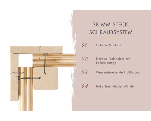 Grafik zur Erläuterung des 38 Millimeter Steckschraubsystems für Gartenhäuser mit Hinweisen zur Montage und den Produkteigenschaften.