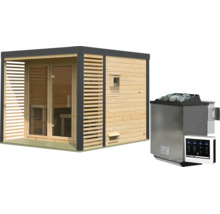 Moderne Gartensauna aus Holz mit Lamellenwand und Glastür sowie passendem Saunaofen mit Steuergerät.
