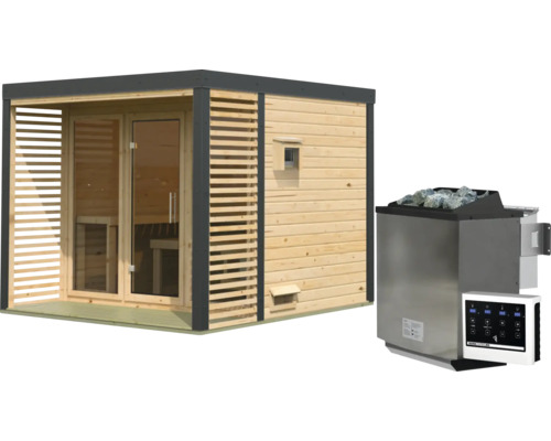 Moderne Gartensauna aus Holz mit Lamellenwand und Glastür sowie passendem Saunaofen mit Steuergerät.