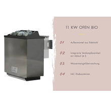 Bio Saunaofen mit 11 Kilowatt Leistung, Edelstahl Außenmantel, Verdampfereinheit, Wassermangelüberwachung und Diabassteinen.