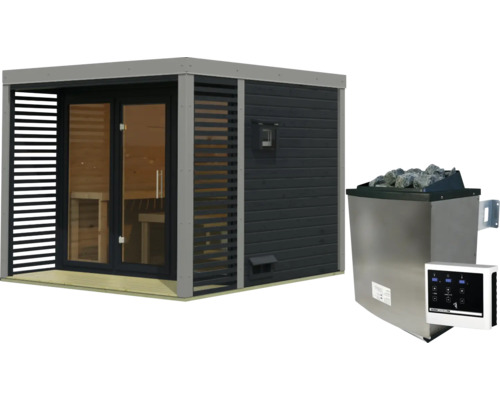 Moderne Garten Sauna mit Flachdach und Glastür sowie passendem Saunaofen mit Steinen und digitalem Steuergerät
