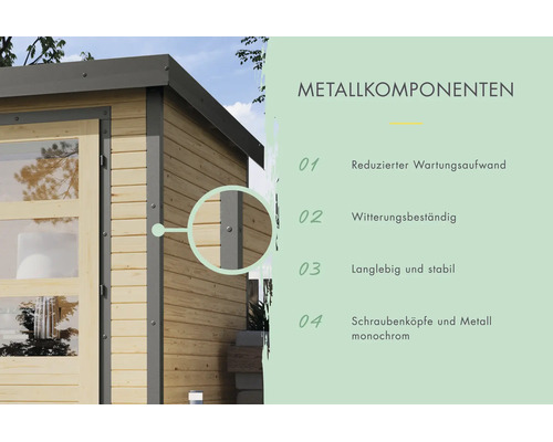 Detailansicht der Metallkomponenten eines Holzgartenhauses mit Hinweisen zu Wartungsarmut, Witterungsbeständigkeit und stabiler Konstruktion.