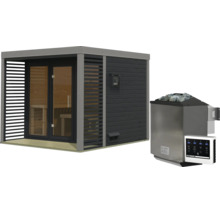 Moderne Gartensauna mit Glasfront und Saunaholzbauweise inklusive elektrischem Saunaofen mit Steinen und Steuereinheit.