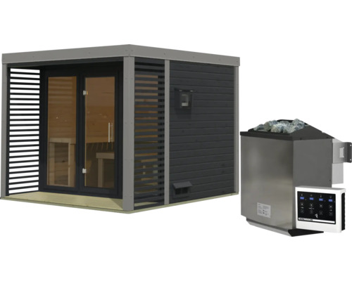 Moderne Gartensauna mit Glasfront und Saunaholzbauweise inklusive elektrischem Saunaofen mit Steinen und Steuereinheit.
