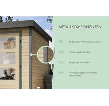 Detailansicht der Metallkomponenten eines Holzgartenhauses mit Hinweisen zu Wartungsarmut, Witterungsbeständigkeit und stabiler Konstruktion.