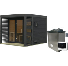 Moderne Gartensauna mit Flachdach und Lamellenverkleidung inklusive Saunaofen mit Steinen und digitaler Steuerung