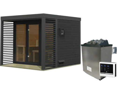 Moderne Gartensauna mit Flachdach und Lamellenverkleidung inklusive Saunaofen mit Steinen und digitaler Steuerung