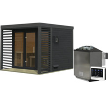 Moderne Gartensauna aus Holz mit Lamellenoptik und dazugehörigem Saunaofen inklusive digitaler Steuerungseinheit für den Außenbereich.