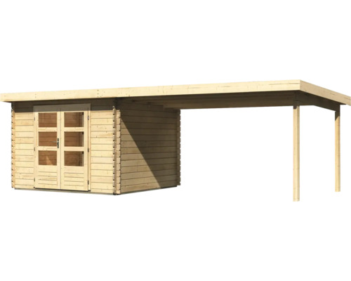 Gartenhaus aus Holz mit integriertem Schleppdach und Doppeltür mit Fenstereinsätzen im Blockbohlenbauweise